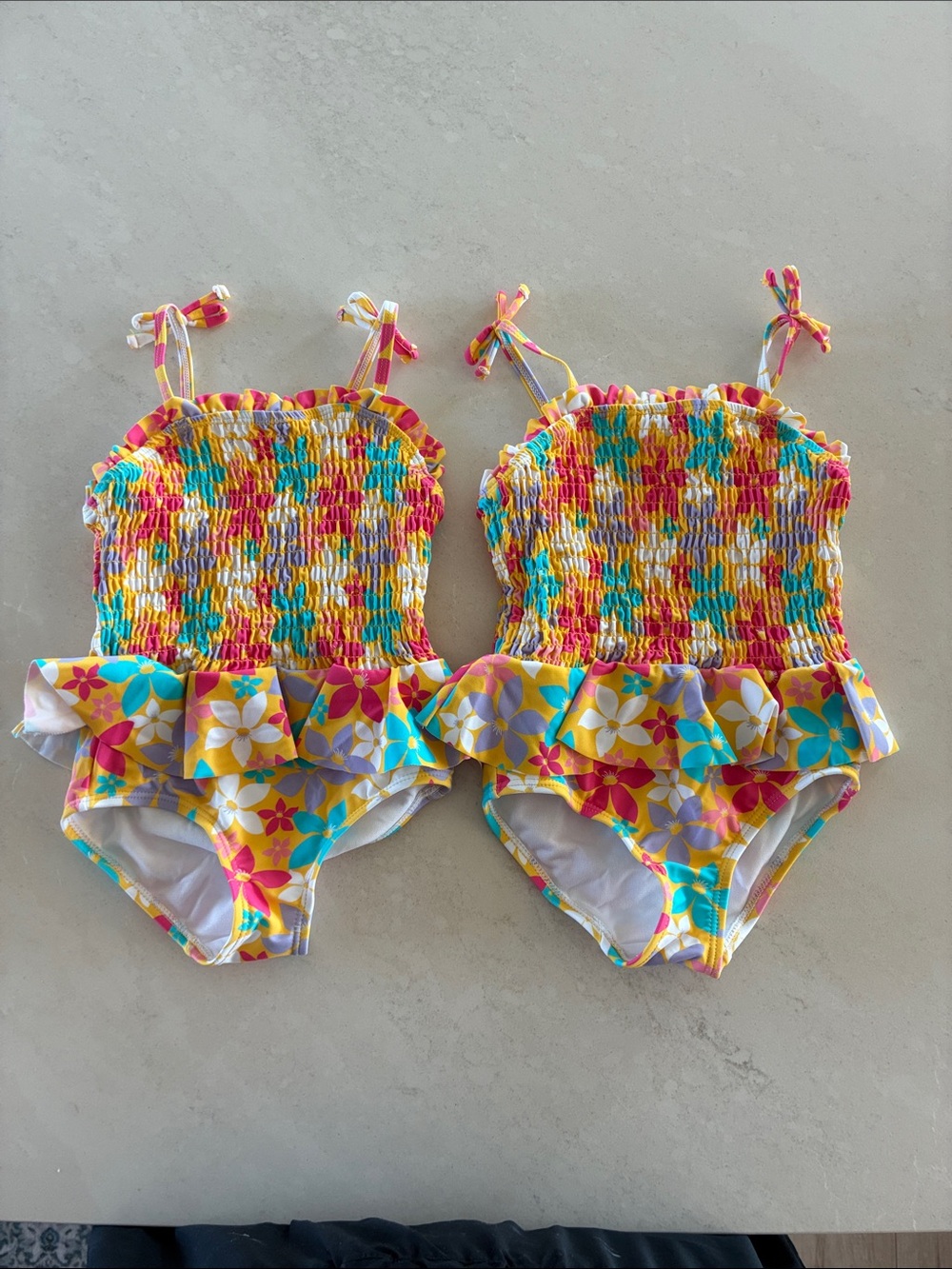 Twin Girls Yellow Floral Ruffle One-Piece Swimsuit
